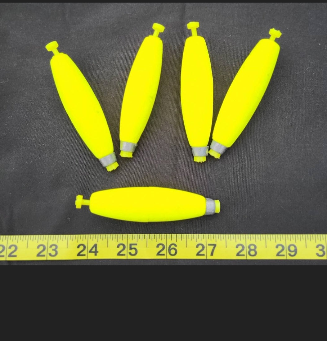 10 Weighted Clip-On Fishing Floats 3" Length, Bright Chartreuse Yellow, Cigar Shaped