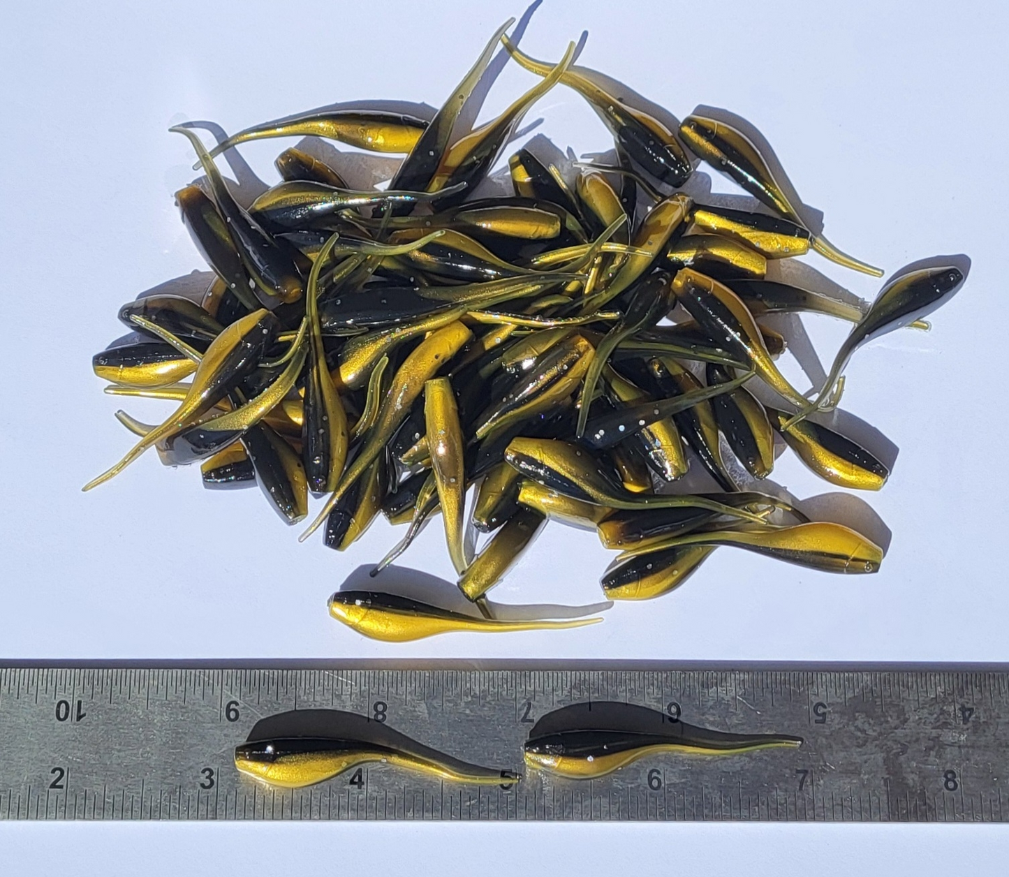 Shad Fry, Minnow Fry 2" length - Golden Shiner Flash (Gold/Black w/ silver glitter) Crappie, Panfish