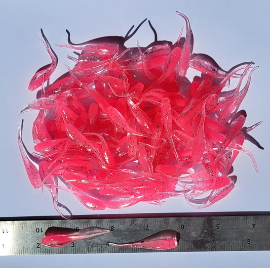 Shad Fry, Minnow Fry 2" length - Ice/Bubble Gum Flash (Clear/Pink w/pepper/silver glitter)