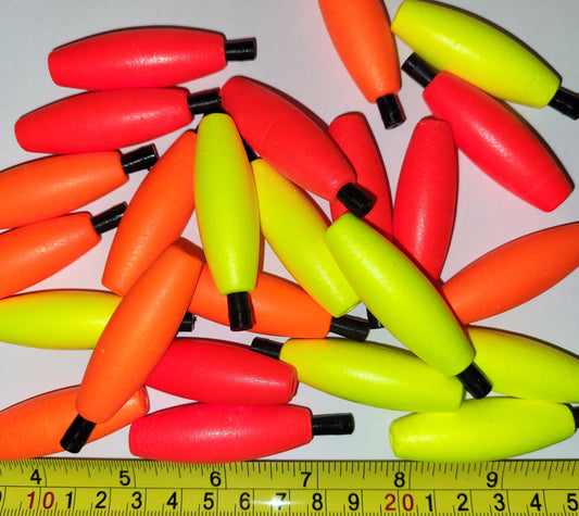 24 of the 2"  Pegged Styrofoam, Cigar Shaped fishing floats. Choose from Bright Fire Red, Bright Orange, Bright Yellow or Assortment of the 3