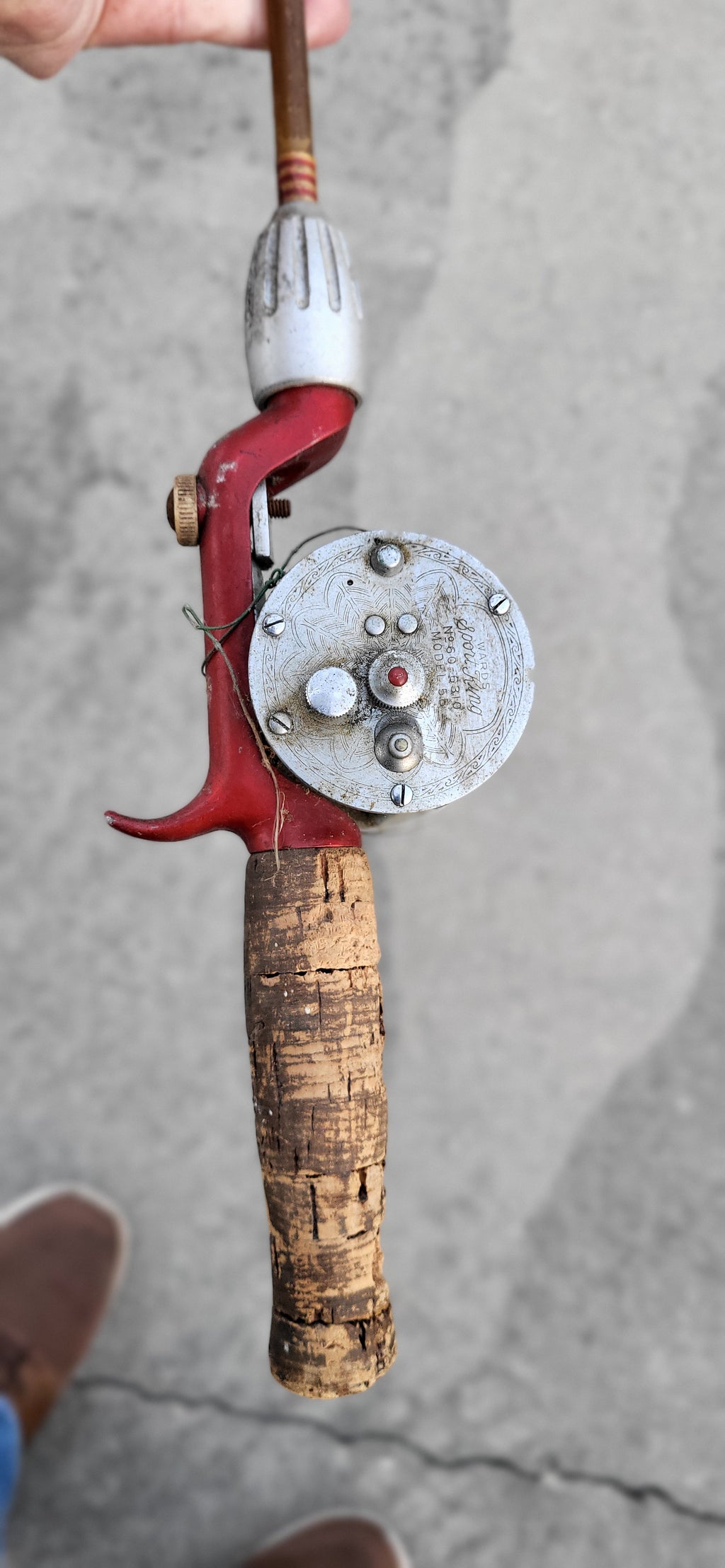 Vintage Fishing Reel and Solid Glass Rod. Montgomery Ward No. 69 6310 Model 5B Reel.  5 ft total length of Rod. Reel Made by Shakespeare.