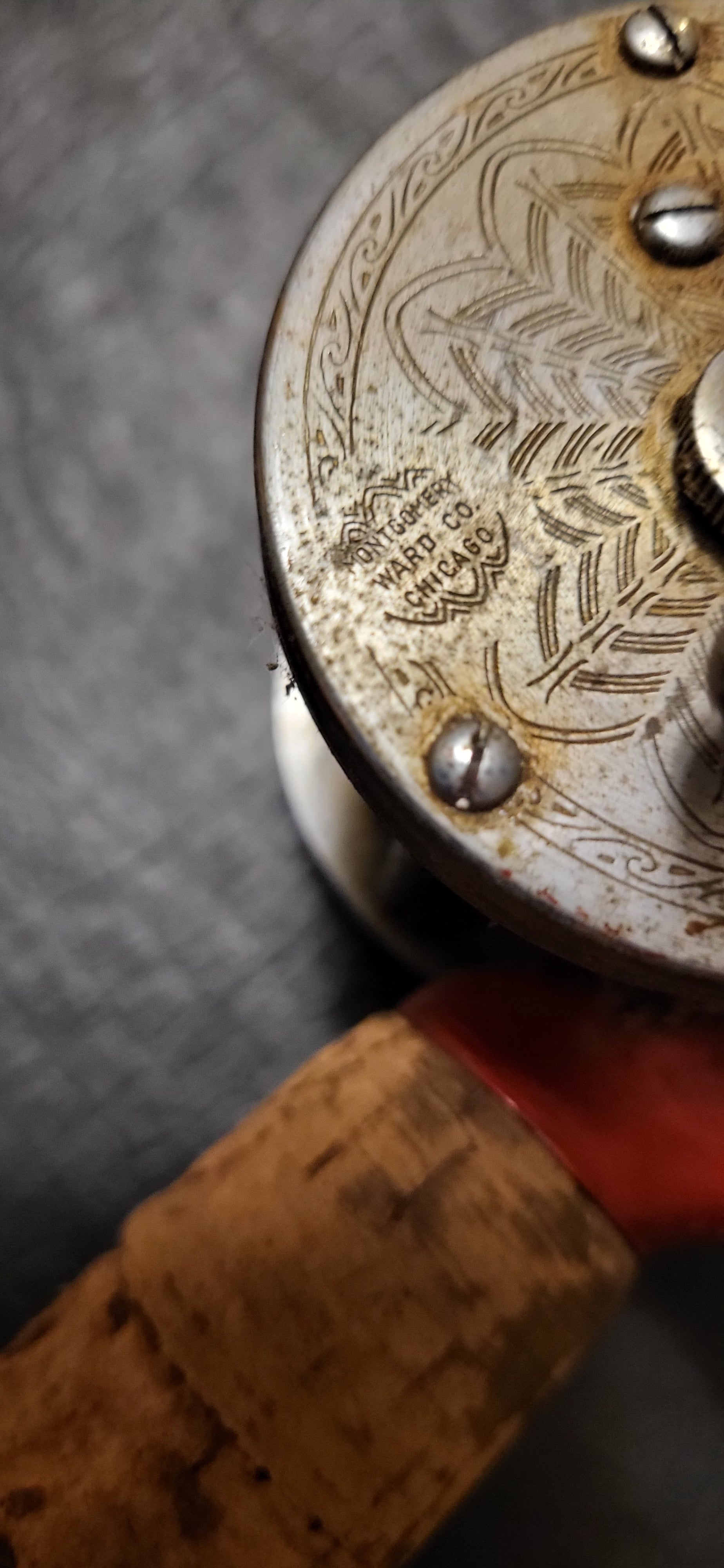 Vintage Fishing Reel and Solid Glass Rod. Montgomery Ward No. 69 6310 Model 5B Reel.  5 ft total length of Rod. Reel Made by Shakespeare.