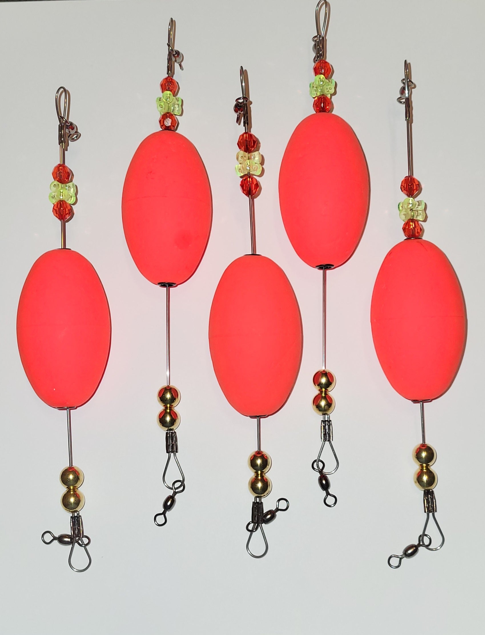 Popping Float Wire leader shaft Rigs, 5 Rigs, Bright Red, 2-1/2" Oval Floats, 9 inch lengths