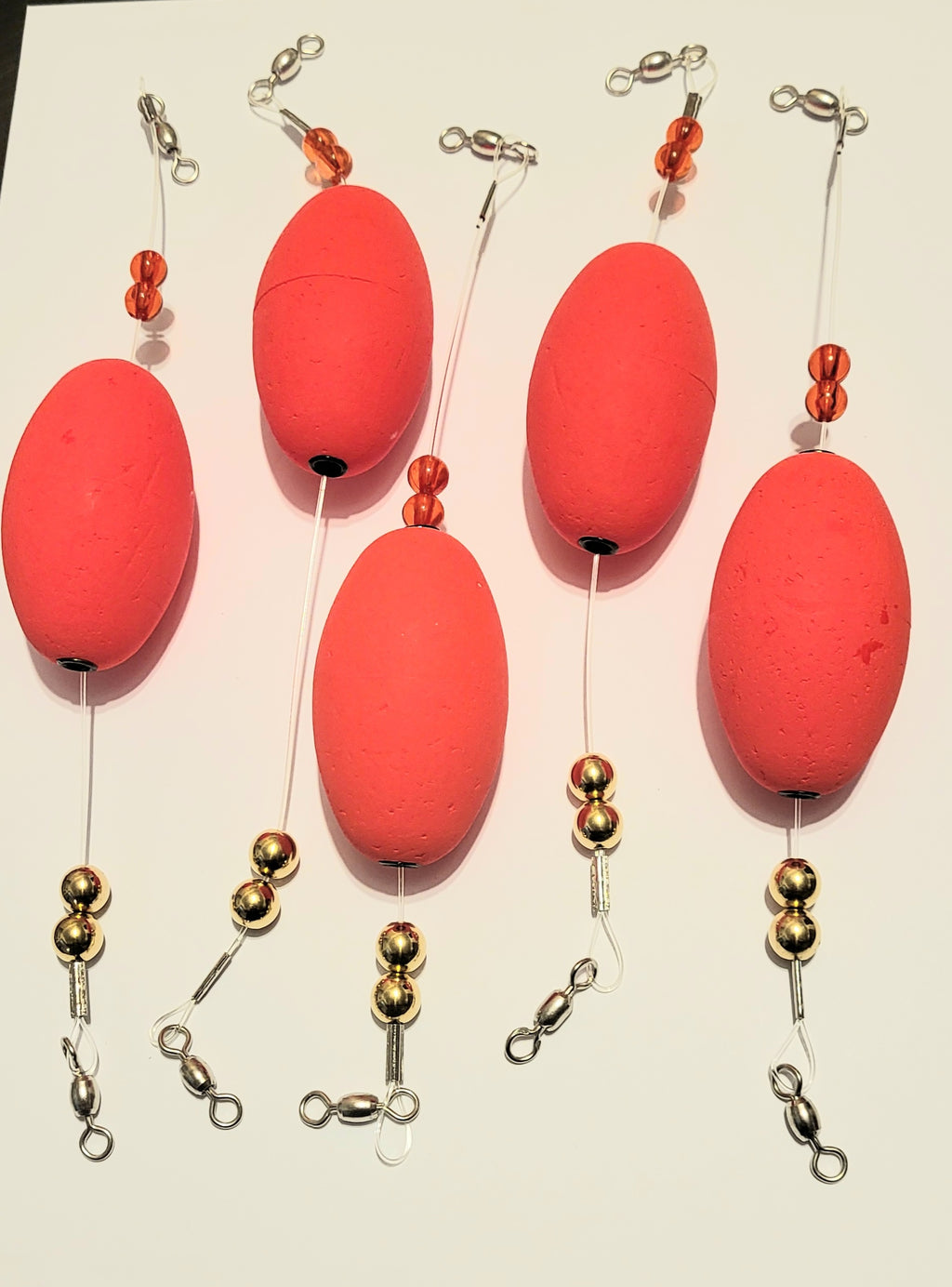 Popping Float New Mono-Filament leader Rigs, 5 Rigs, Bright Red, 2-1/2" Oval Floats, 10 inch lengths (Copy)