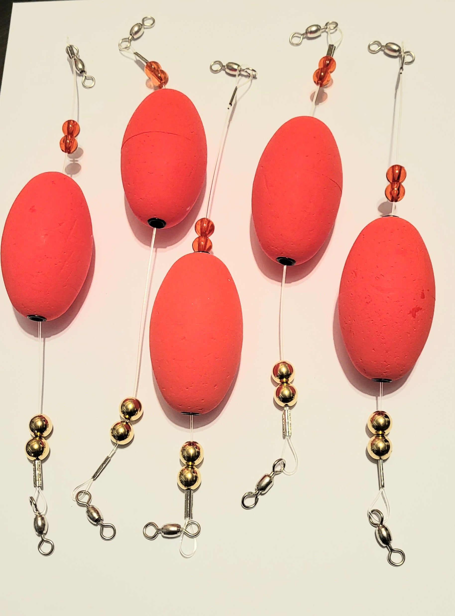 Popping Float New Mono-Filament leader Rigs, 5 Rigs, Bright Red, 2-1/2" Oval Floats, 10 inch lengths (Copy)