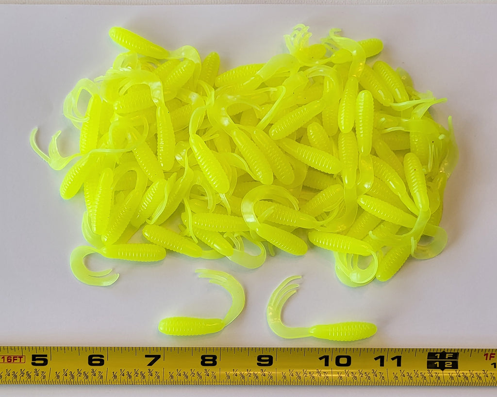 Triple Tail Tri-Tip Chartreuse Color 2 inch 100 Pack Curl Tail Grubs