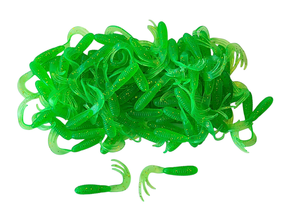 Triple Tail Tri-Tip Green Flash Color 2 inch 100 Pack Curl Tail Grubs