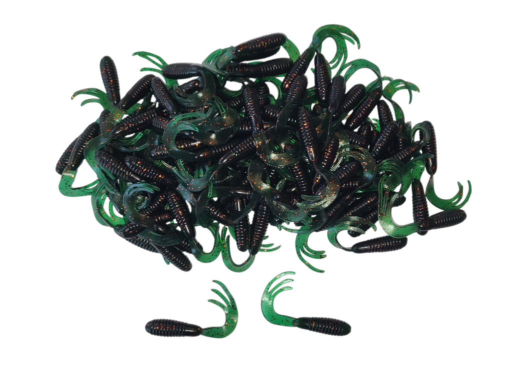 Triple Tail Tri-Tip Black Green Flash Color 2 inch 100 Pack Curl Tail Grubs