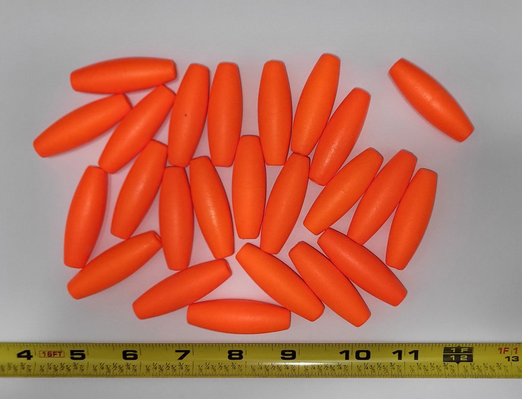 Fishing Floats 2" Bright Orange, 24 Floats, Styrofoam Cigar Shaped, Peg with hole