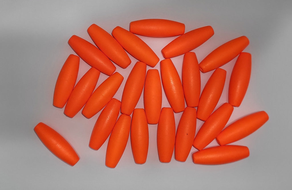 Fishing Floats 2" Bright Orange, 24 Floats, Styrofoam Cigar Shaped, Peg with hole