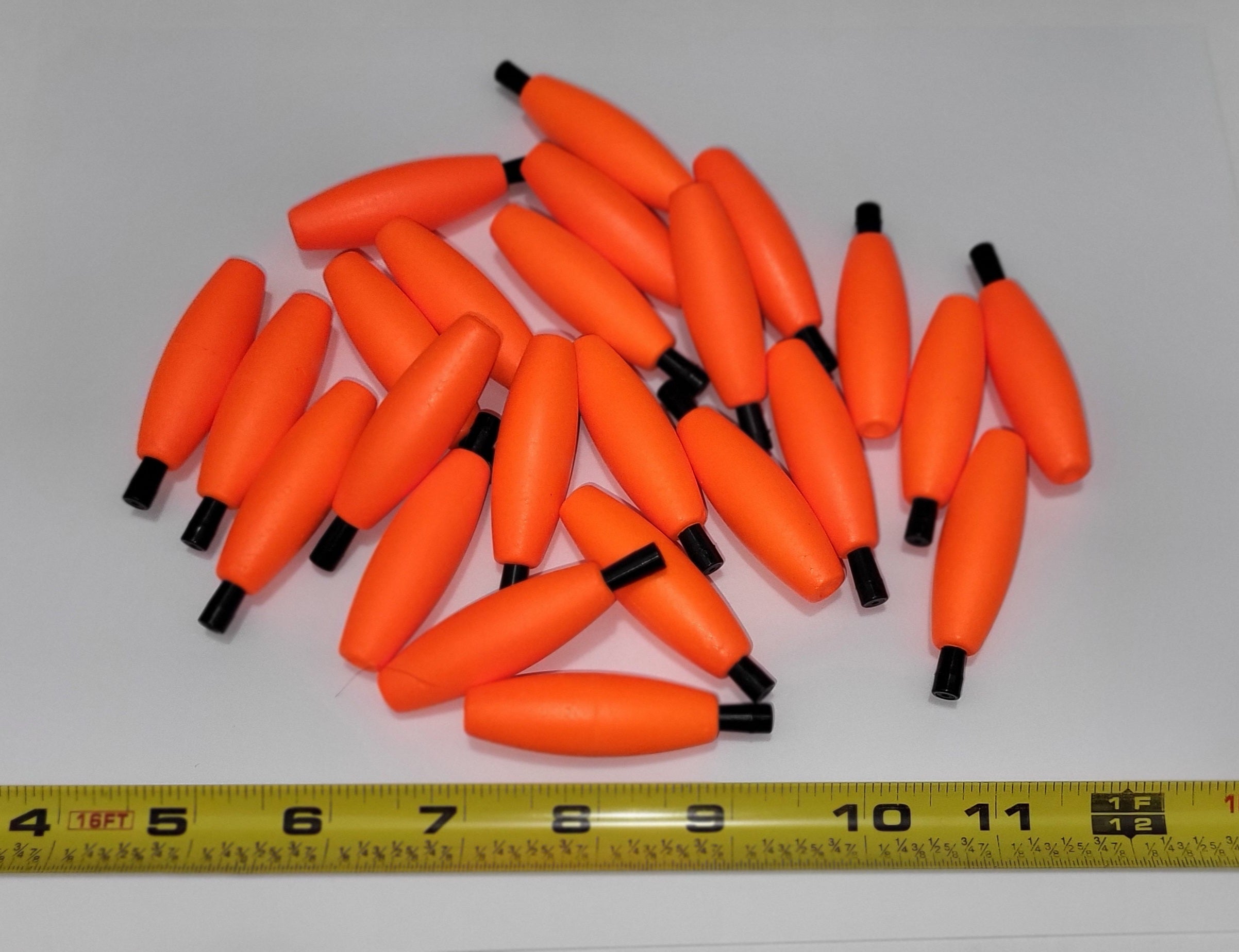 Fishing Floats 2" Bright Orange, 24 Floats, Styrofoam Cigar Shaped, Peg with hole