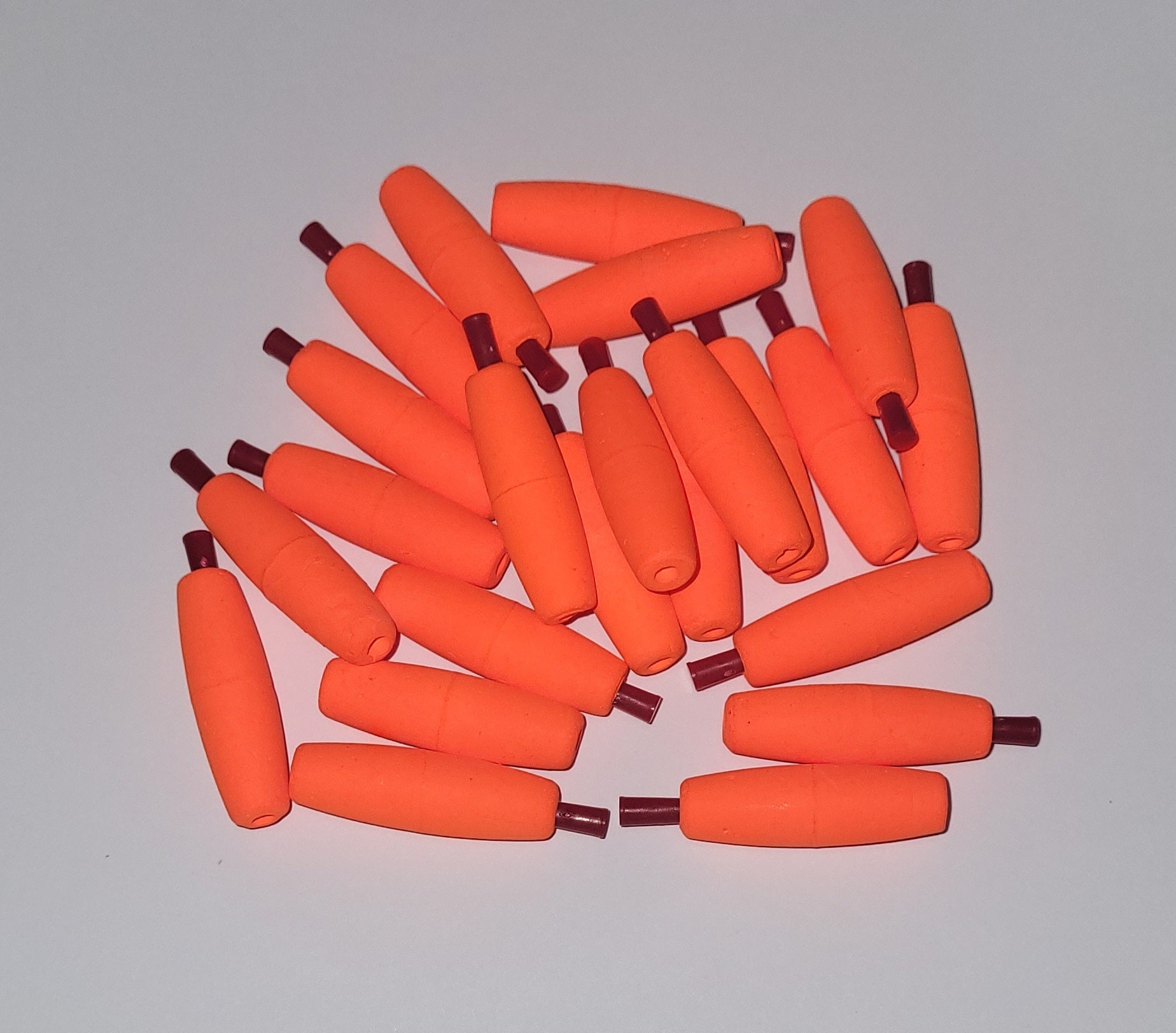 24 of the 1-1/2 inch Slim, Small Diameter, Bright Orange, Cigar Styrofoam Float, Solid Peg
