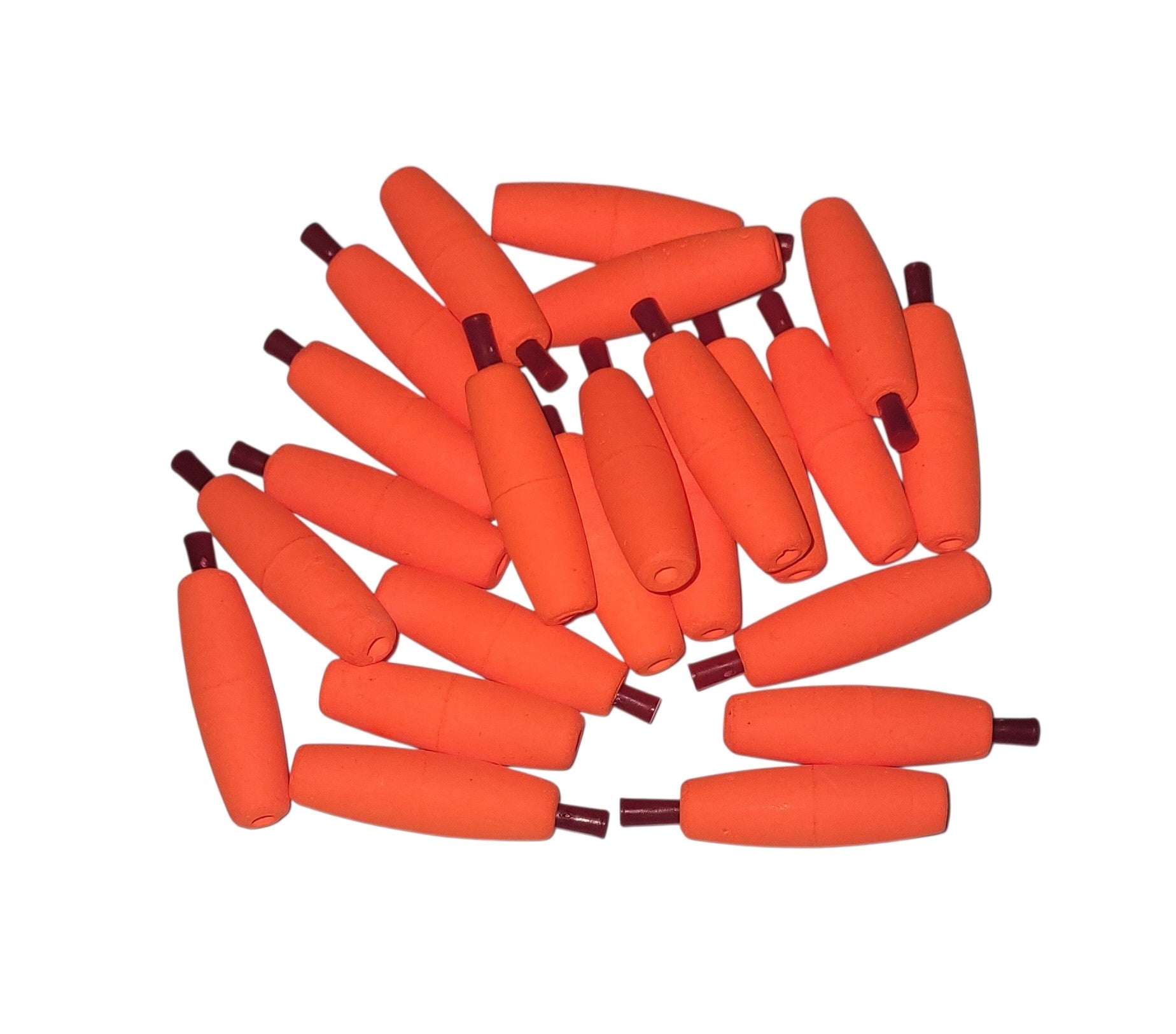 24 of the 1-1/2 inch Slim, Small Diameter, Bright Orange, Cigar Styrofoam Float, Solid Peg