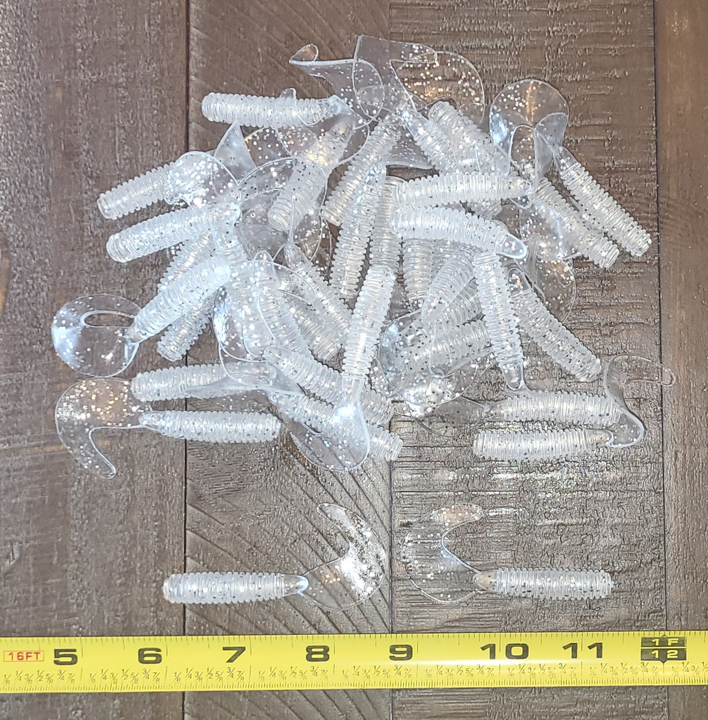 48 pcs, Transparent Shad Flash 2-3/4 in lengthy x 3/8 in diameter Large Body Soft Plastic Curl Tail Grubs