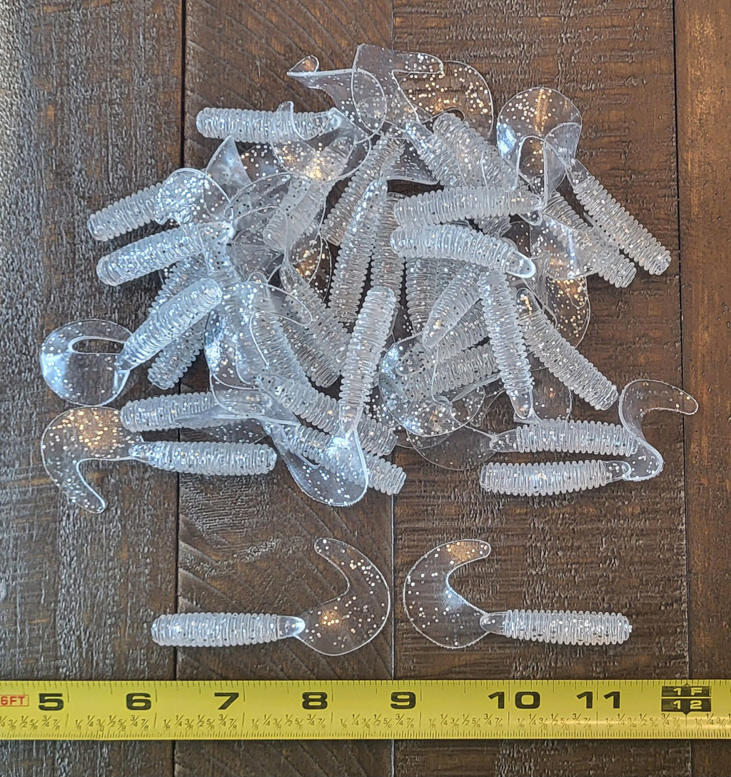 48 pcs, Transparent Shad Flash 2-3/4 in lengthy x 3/8 in diameter Large Body Soft Plastic Curl Tail Grubs
