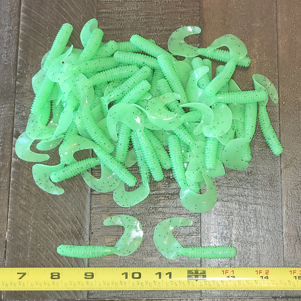 48 pcs, Opaque Lime Green Pepper Color 2-3/4 in lengthy x 3/8 in diameter Large Body Soft Plastic Curl Tail Grubs