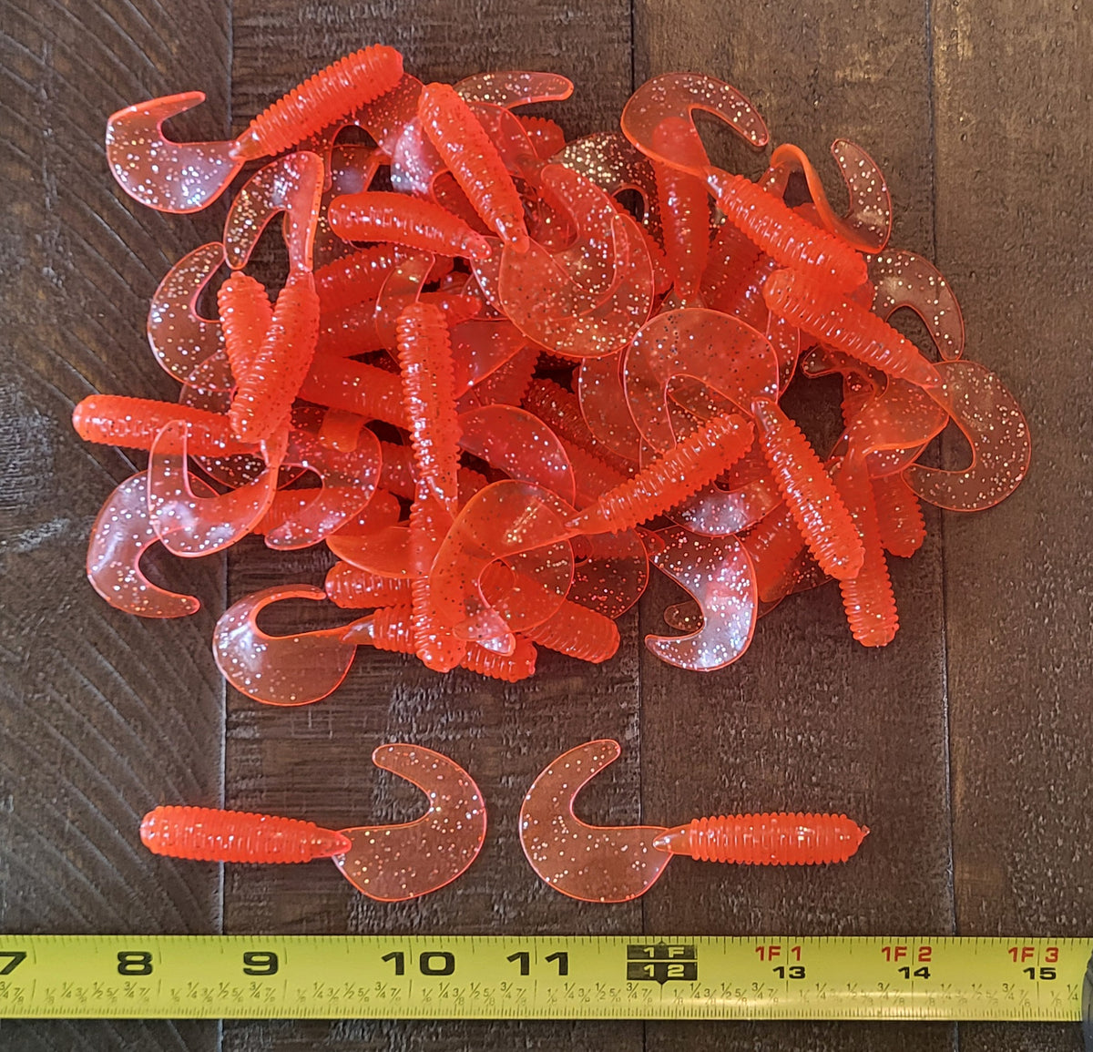 48 pcs, Orange Flash 2-3/4 in length x 3/8 in diameter Large Body Soft Plastic Curl Tail Grubs