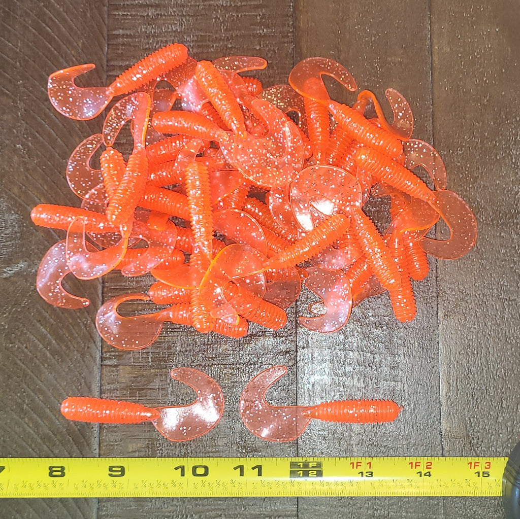 48 pcs, Orange Flash 2-3/4 in length x 3/8 in diameter Large Body Soft Plastic Curl Tail Grubs