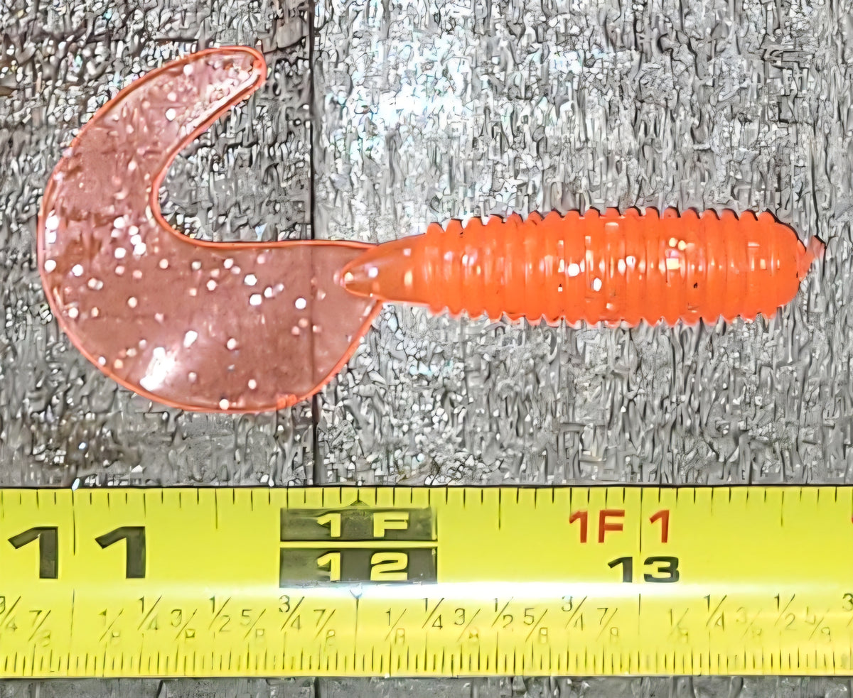 48 pcs, Orange Flash 2-3/4 in length x 3/8 in diameter Large Body Soft Plastic Curl Tail Grubs