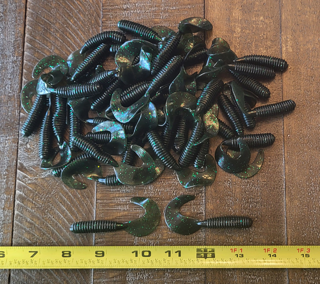 48 pcs, Motor Oil Green Flash Color 2-3/4 in lengthy x 3/8 in diameter Large Body Soft Plastic Curl Tail Grubs