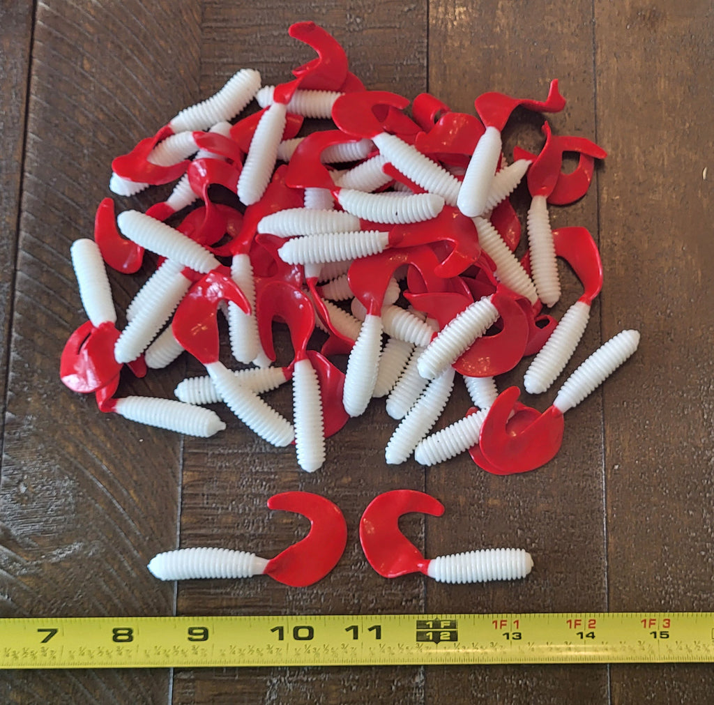 48 pcs, White Red 2-Color 2-3/4 in lengthy x 3/8 in diameter Large Body Soft Plastic Curl Tail Grubs