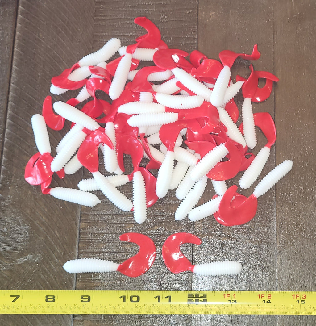 48 pcs, White Red 2-Color 2-3/4 in lengthy x 3/8 in diameter Large Body Soft Plastic Curl Tail Grubs