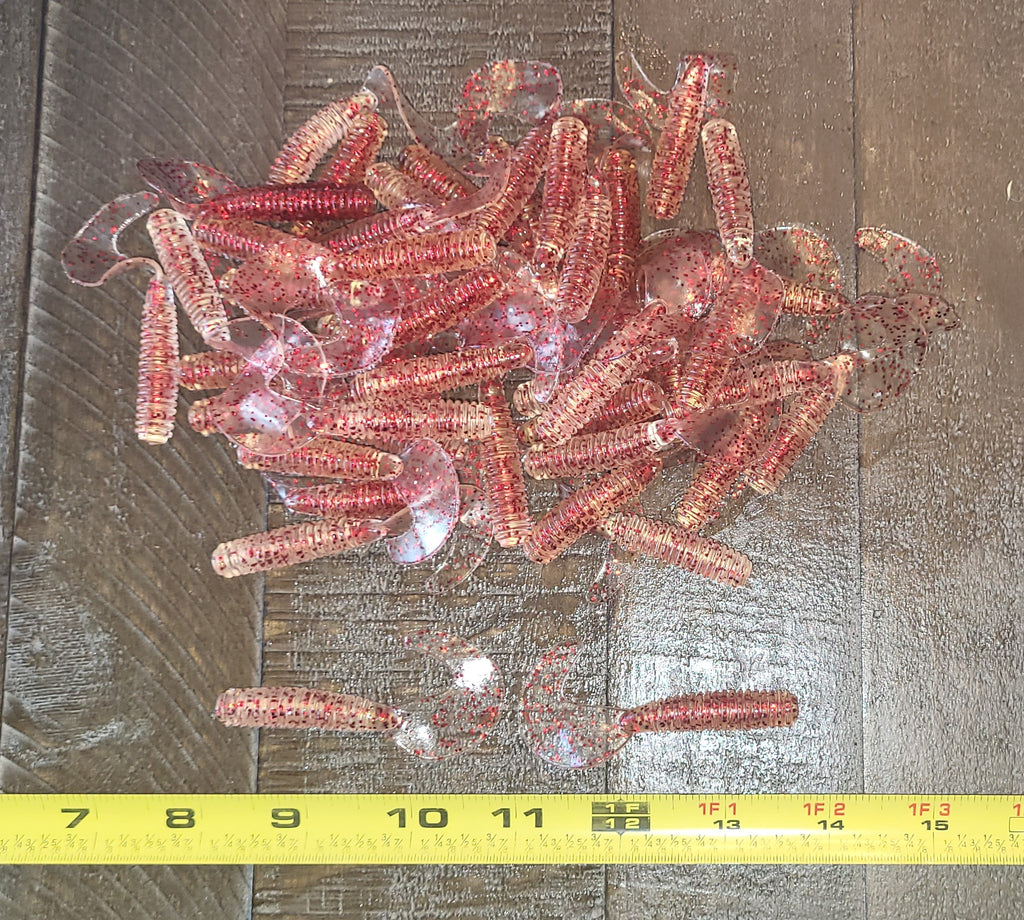 48 pcs, Injured Shad, Transparent Red Flash Color 2-3/4 in lengthy x 3/8 in diameter Large Body Soft Plastic Curl Tail Grubs