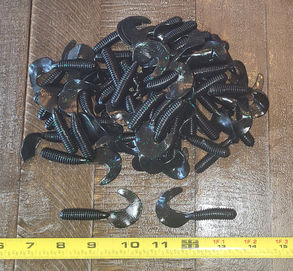 48 pcs, Dark Smoke Black with Green Glitter Color 2-3/4 in lengthy x 3/8 in diameter Large Body Soft Plastic Curl Tail Grubs