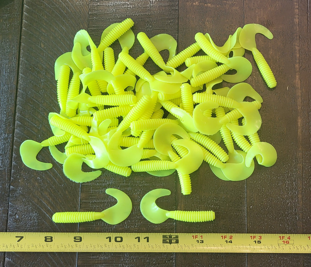 48 pcs, Chartreuse 2-3/4 in length x 3/8 in diameter Large Body Soft Plastic Curl Tail Grubs