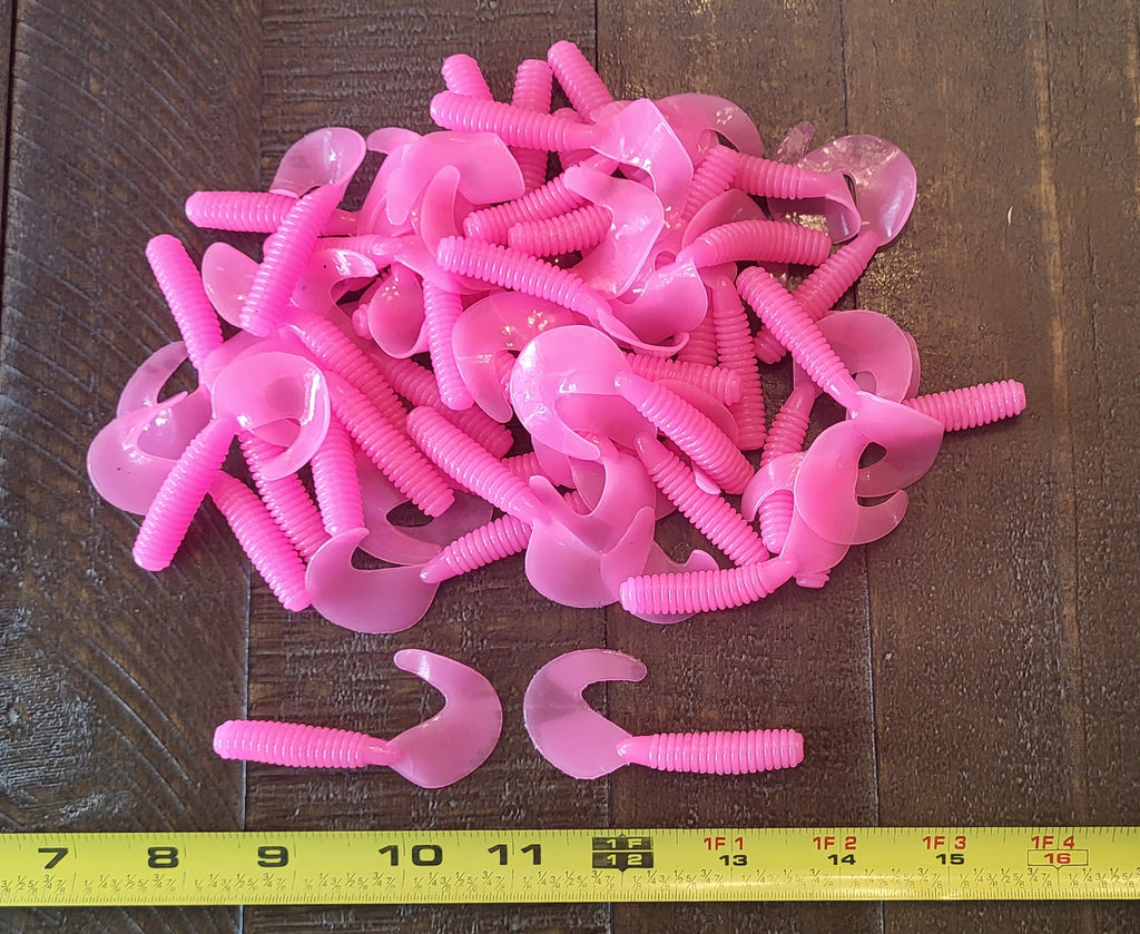48 pcs, Pink BubbleGum 2-3/4 in length x 3/8 in diameter Large Body Soft Plastic Curl Tail Grubs