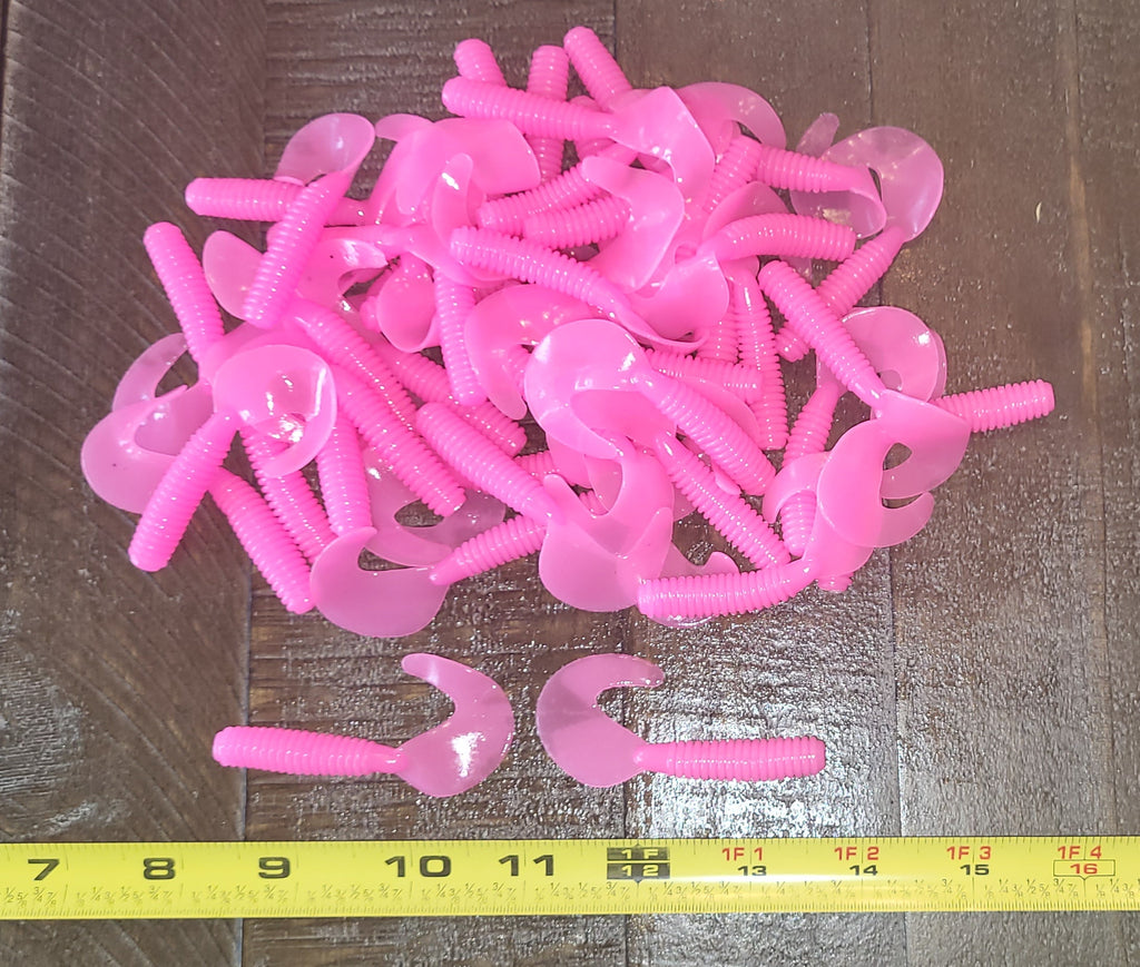 48 pcs, Pink BubbleGum 2-3/4 in length x 3/8 in diameter Large Body Soft Plastic Curl Tail Grubs