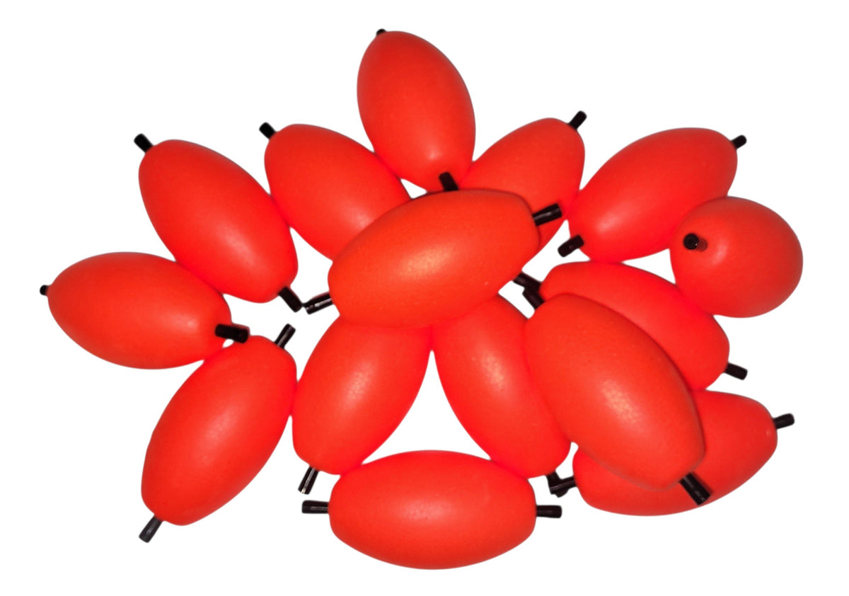 3 inch OVAL BRIGHT RED, 15 Large Oval Floats with 2 Pegs w/holes + 18 Bobber Stoppers