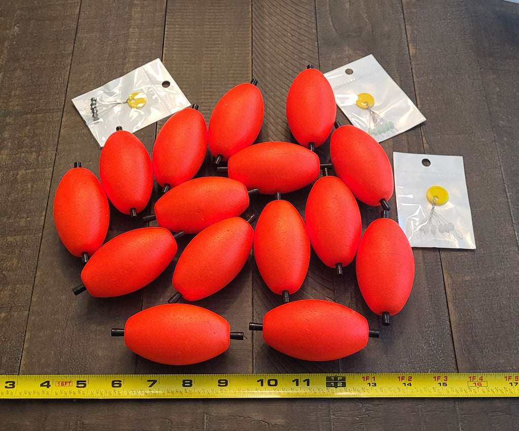 3 inch OVAL BRIGHT RED, 15 Large Oval Floats with 2 Pegs w/holes + 18 Bobber Stoppers
