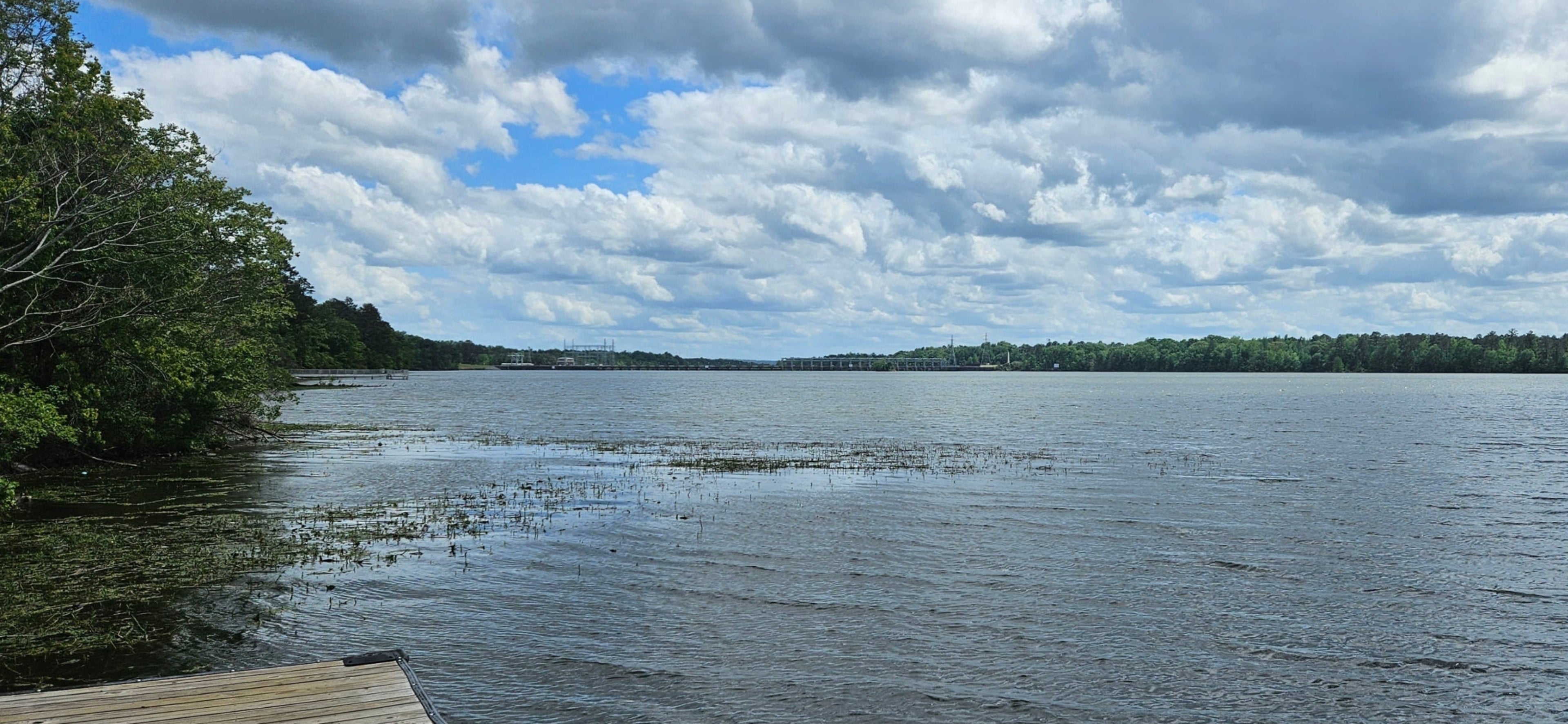 Lake with dock and trees under a cloudy sky