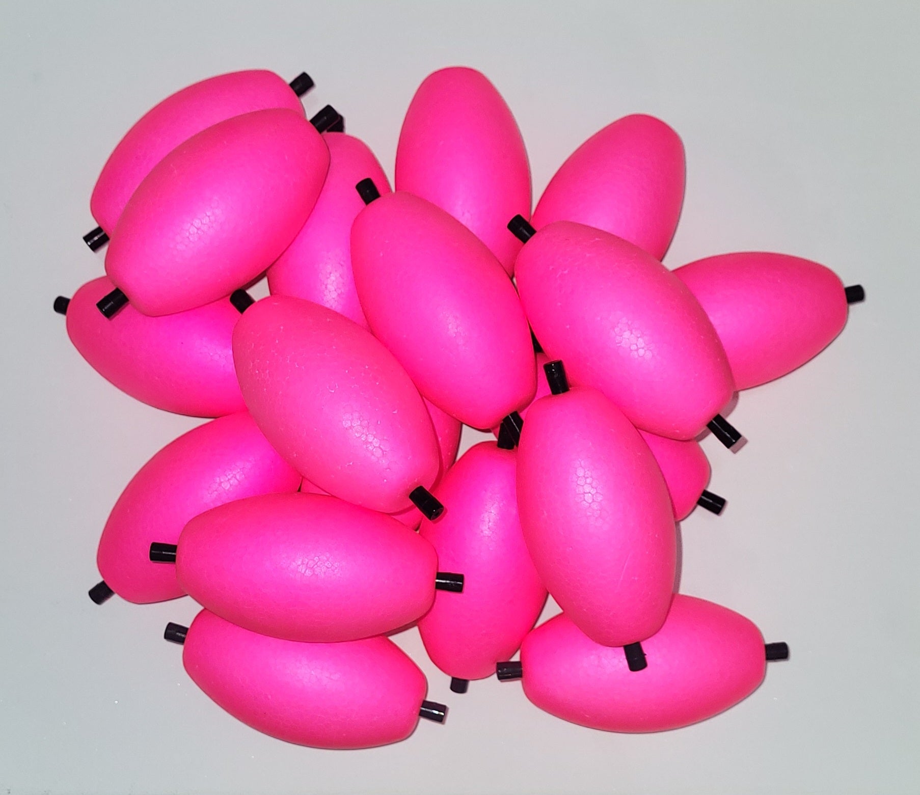 3 inch OVAL BRIGHT PINK, 15 Large Oval Floats with 2 Pegs w/holes + 18 Bobber Stoppers