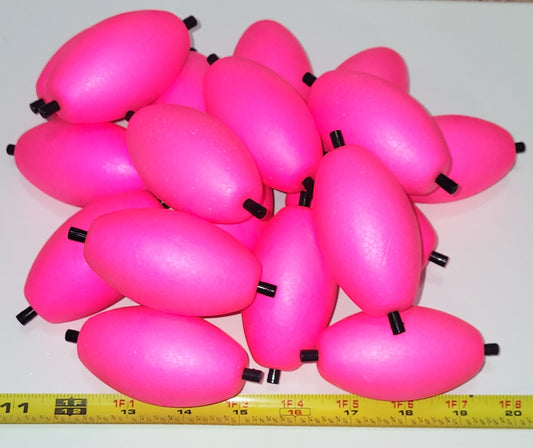 3 inch OVAL BRIGHT PINK, 15 Large Oval Floats with 2 Pegs w/holes + 18 Bobber Stoppers