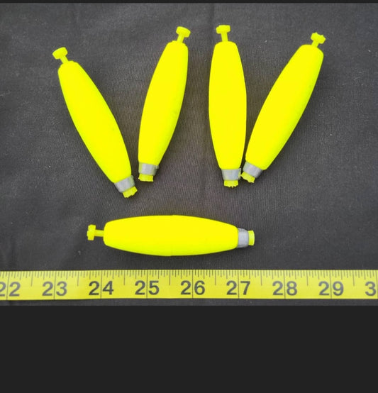 10 Weighted Clip-On Fishing Floats 3" Length, Bright Chartreuse Yellow, Cigar Shaped