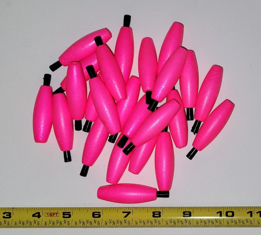Fishing Floats 2" Bright PINK, 24 Floats, Styrofoam Cigar Shaped, Peg with hole