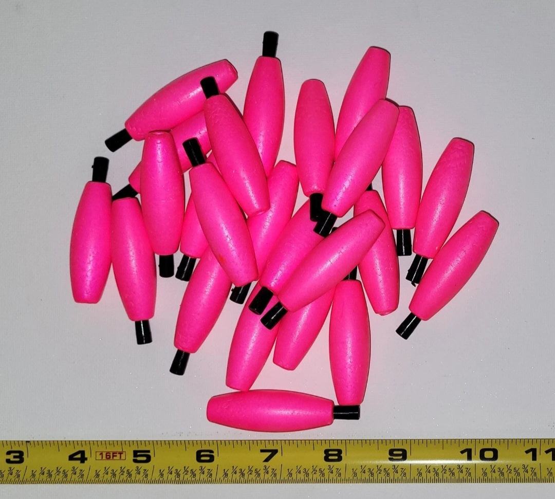 Fishing Floats 2" Bright PINK, 24 Floats, Styrofoam Cigar Shaped, Peg with hole