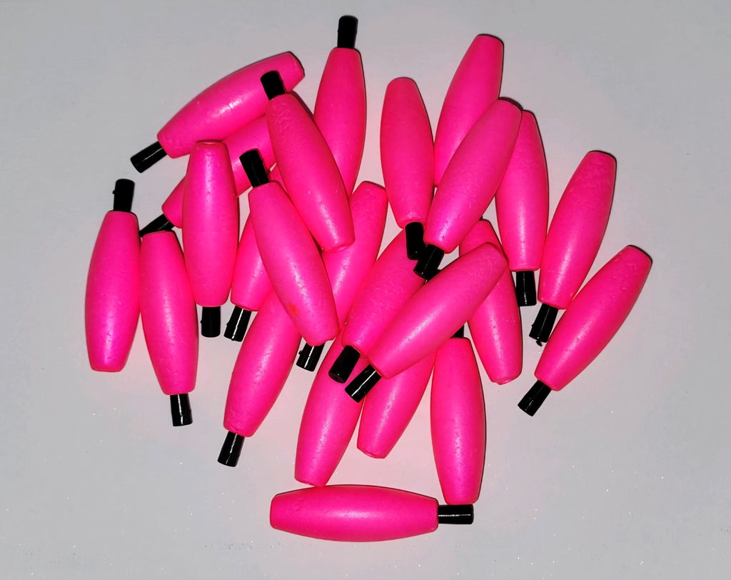 Fishing Floats 2" Bright PINK, 24 Floats, Styrofoam Cigar Shaped, Peg with hole