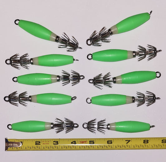 10 Bright Green Squid / Octopus Jigs 32 Super Sharp Prongs 4" Approximate Overall Length